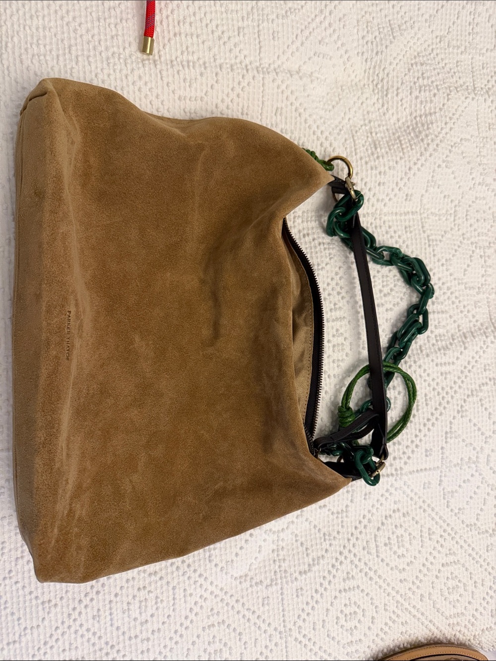 Tan Suede Shoulder Bag with Green Chain Accent